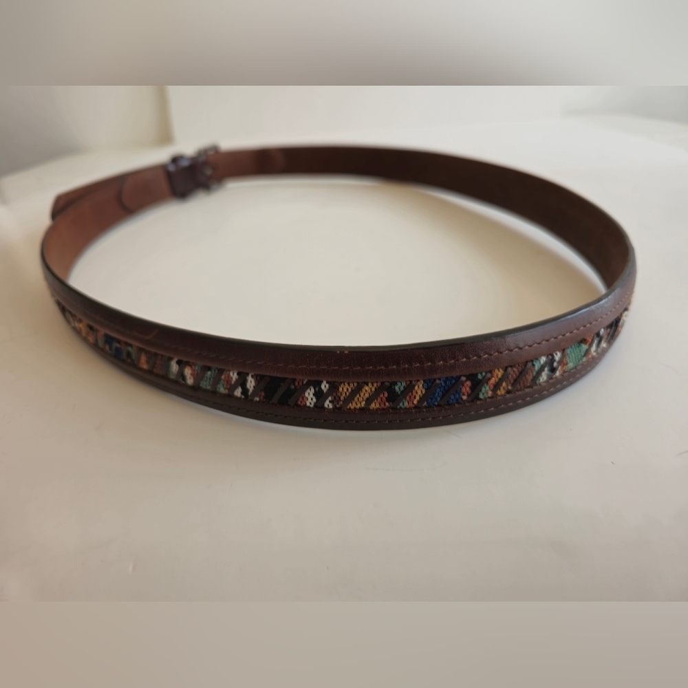 Columbia Men's Brown Leather Belt Multi Color Cotton Woven  Fabric Size 44 - Picture 4 of 17